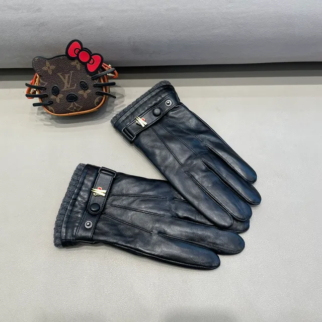 Black Gray Fleece Cuff Leather Gloves 9