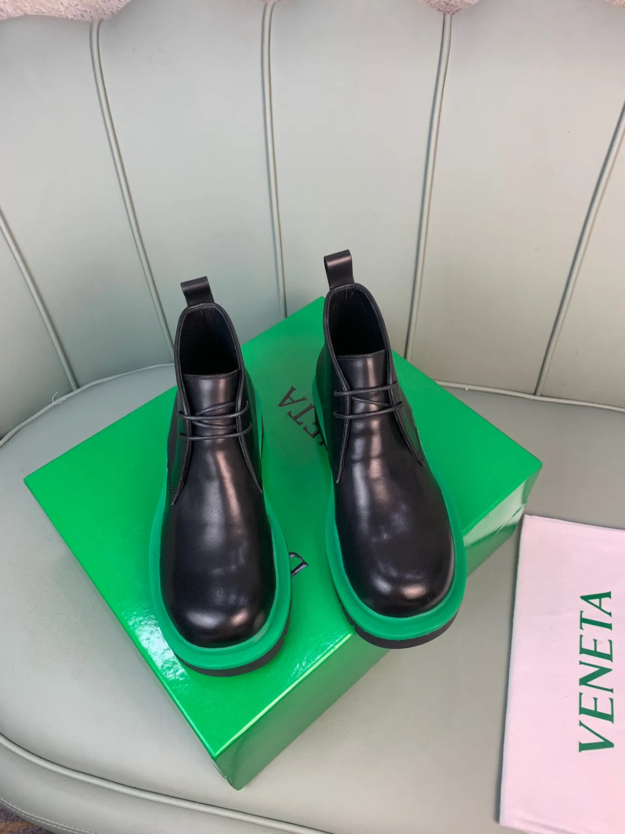 Black Green Leather Upper Chunky Layered Sole Ankle Boots 3