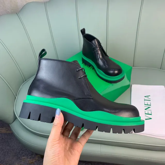 Black Green Leather Upper Chunky Layered Sole Ankle Boots 5