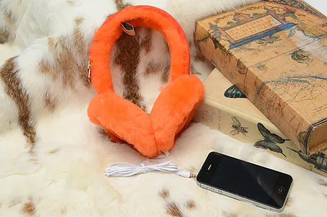 Black Orange Plush Fur-Lined Foldable Headband Over-ear Headphones 10