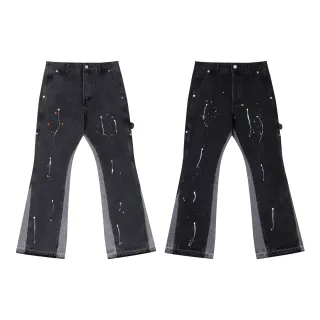 Black Paint-Splatter Flared Contrast-Panel Jeans