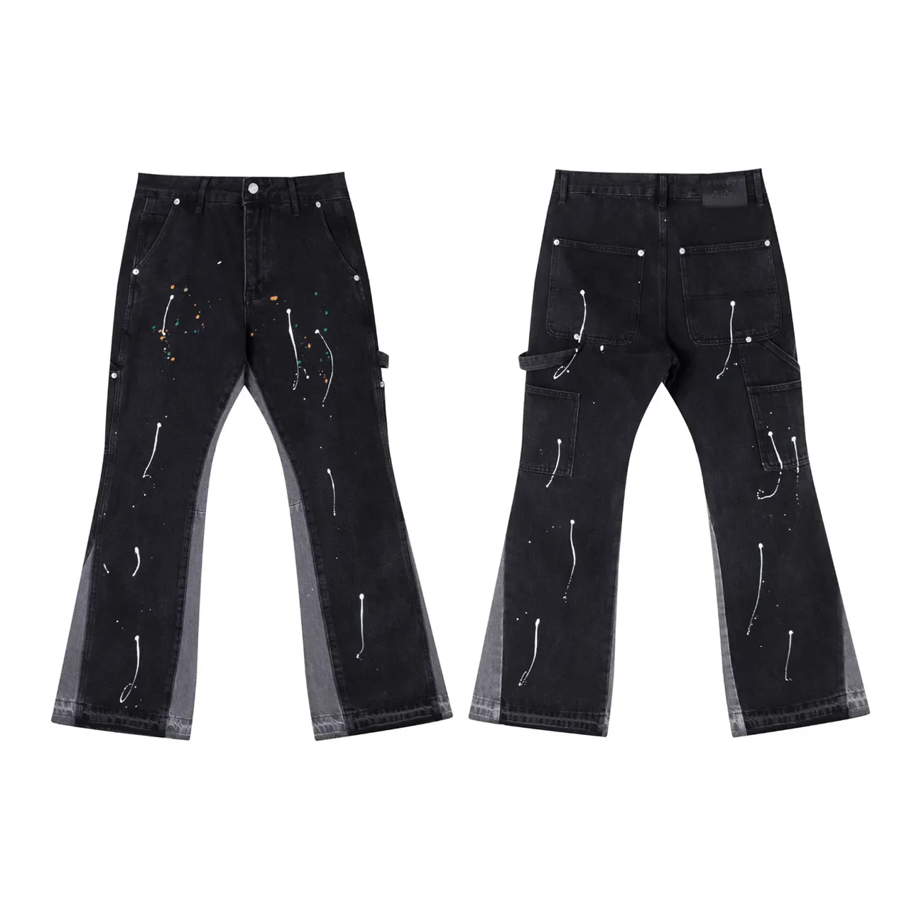 Black Paint-Splatter Flared Contrast-Panel Jeans 3