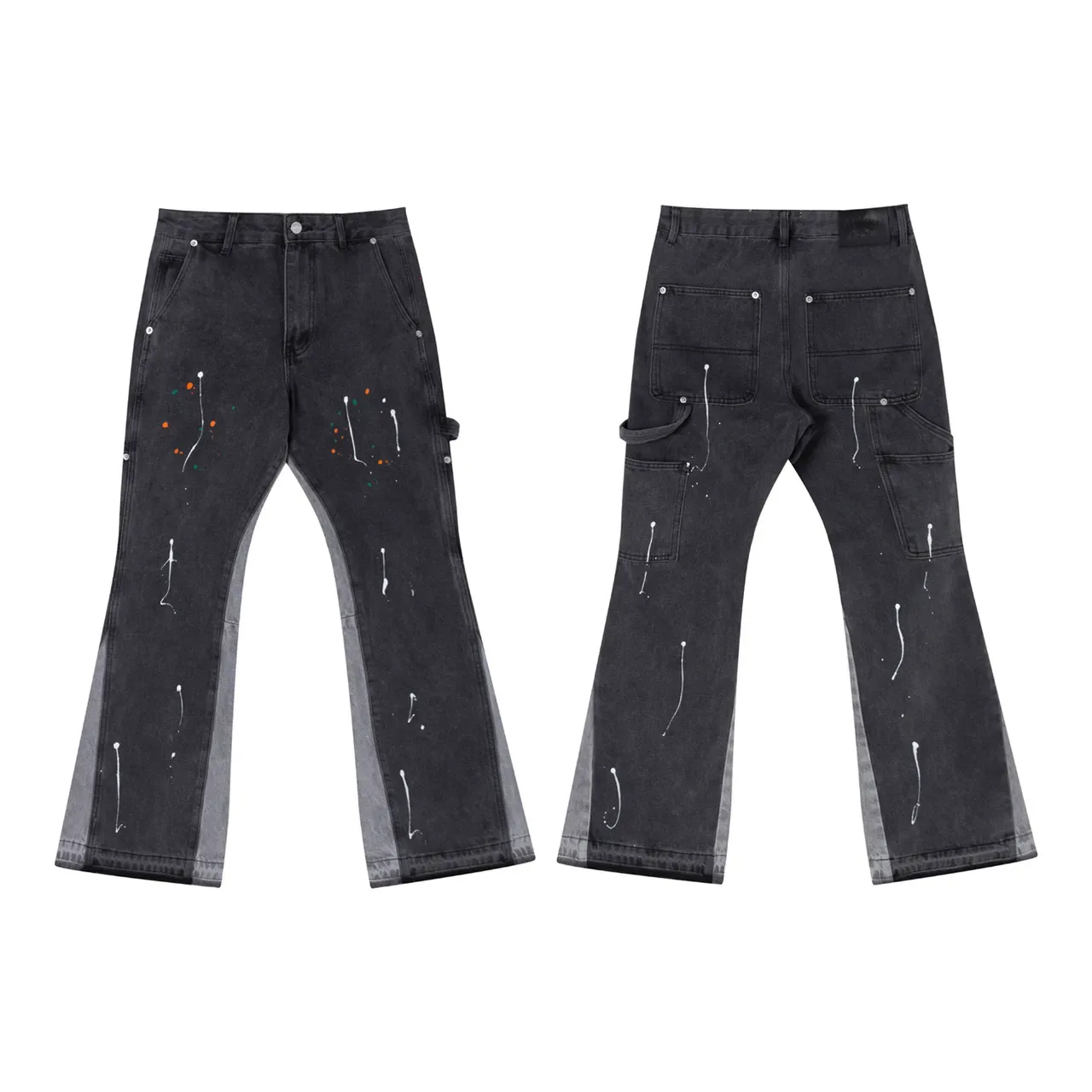 Black Paint-Splatter Flared Contrast-Panel Jeans 4