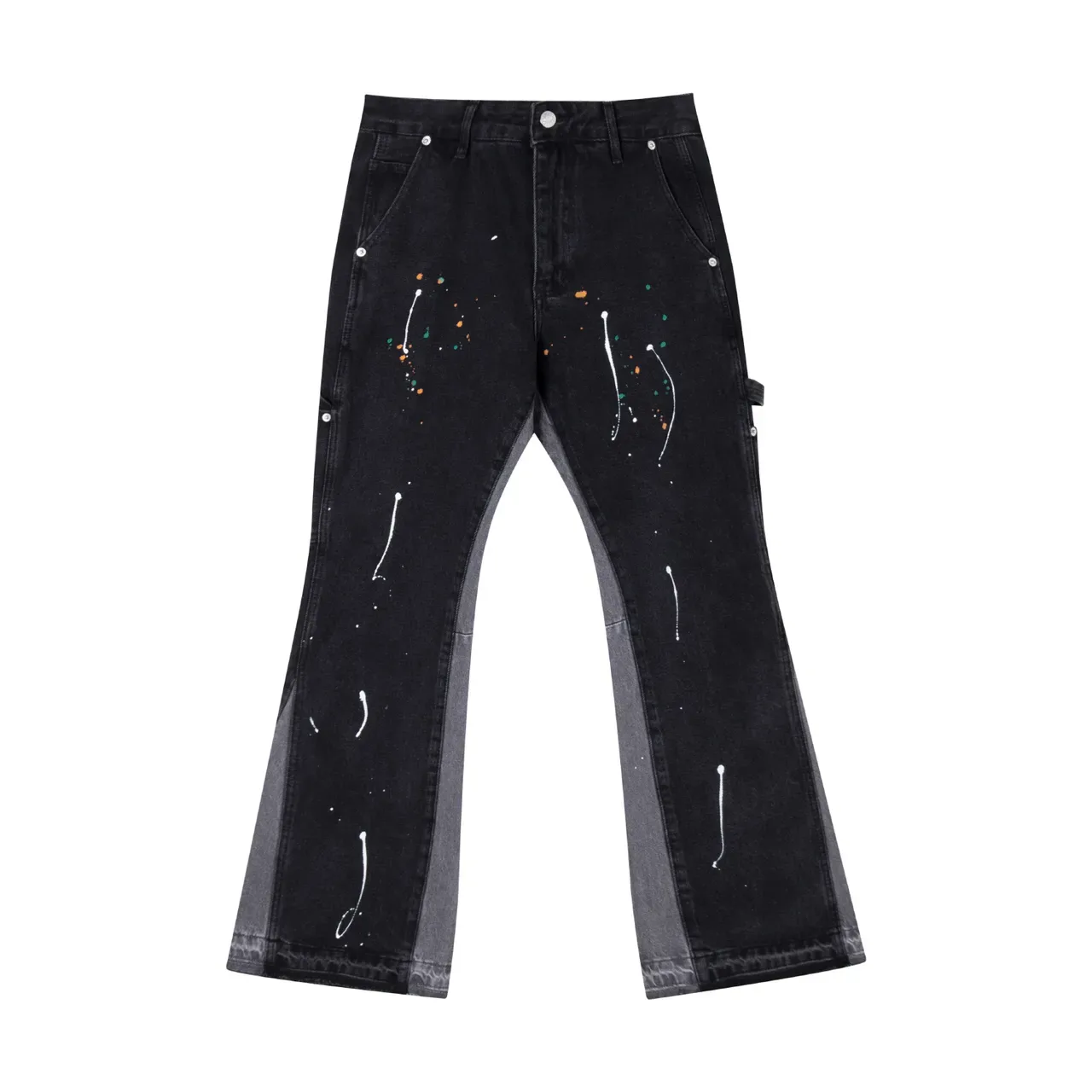 Black Paint-Splatter Flared Contrast-Panel Jeans 5