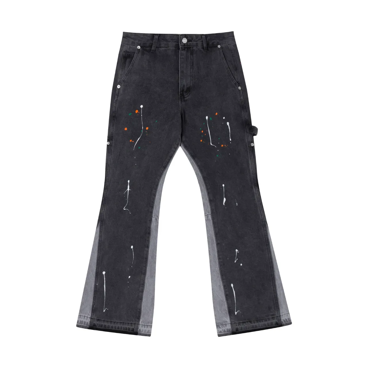 Black Paint-Splatter Flared Contrast-Panel Jeans 7