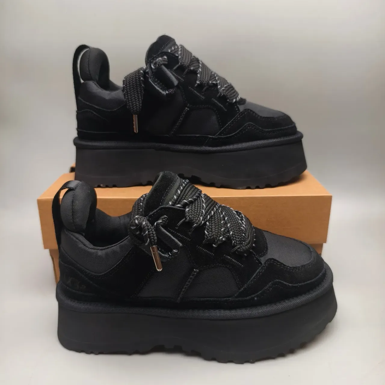 Black Platform Sole Mixed Suede And Textile Upper Sneakers 5