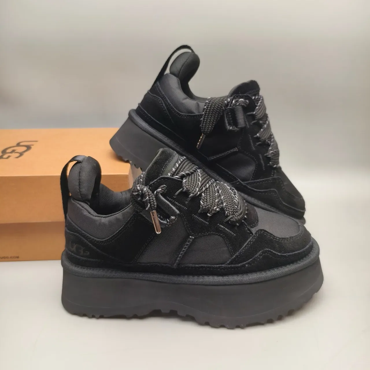 Black Platform Sole Mixed Suede And Textile Upper Sneakers 6