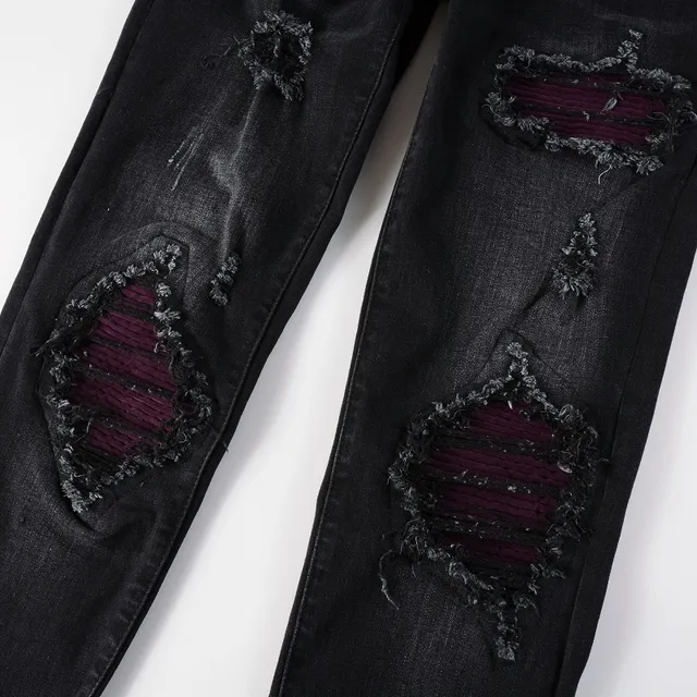 Black Purple Slim-Fit Distressed Jeans 9
