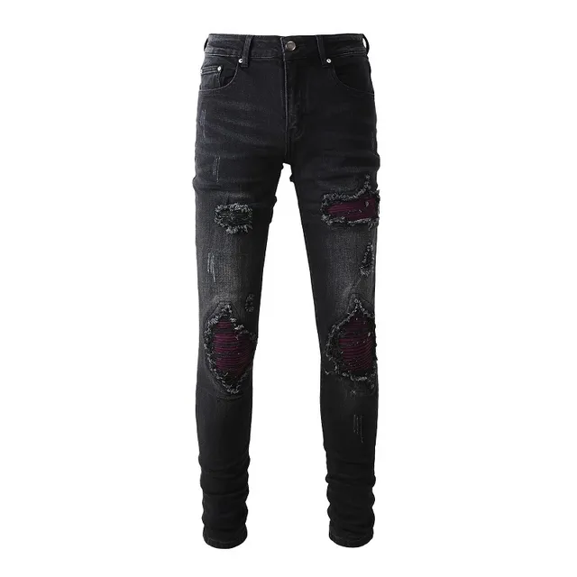 Black Purple Slim-Fit Distressed Jeans 19