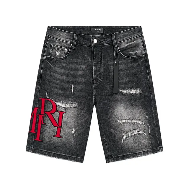 Black Red Distressed Denim Embroidered Monogram Shorts 2