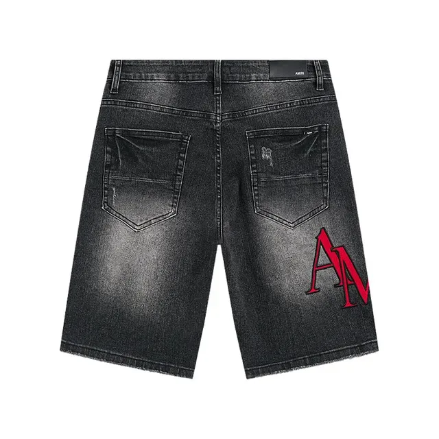 Black Red Distressed Denim Embroidered Monogram Shorts 3
