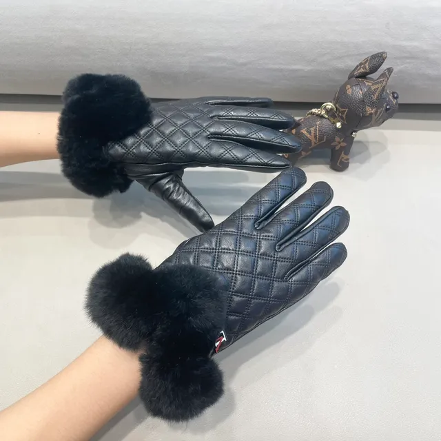 Guantes de cuero negro y rojo acolchados con puños de piel 2