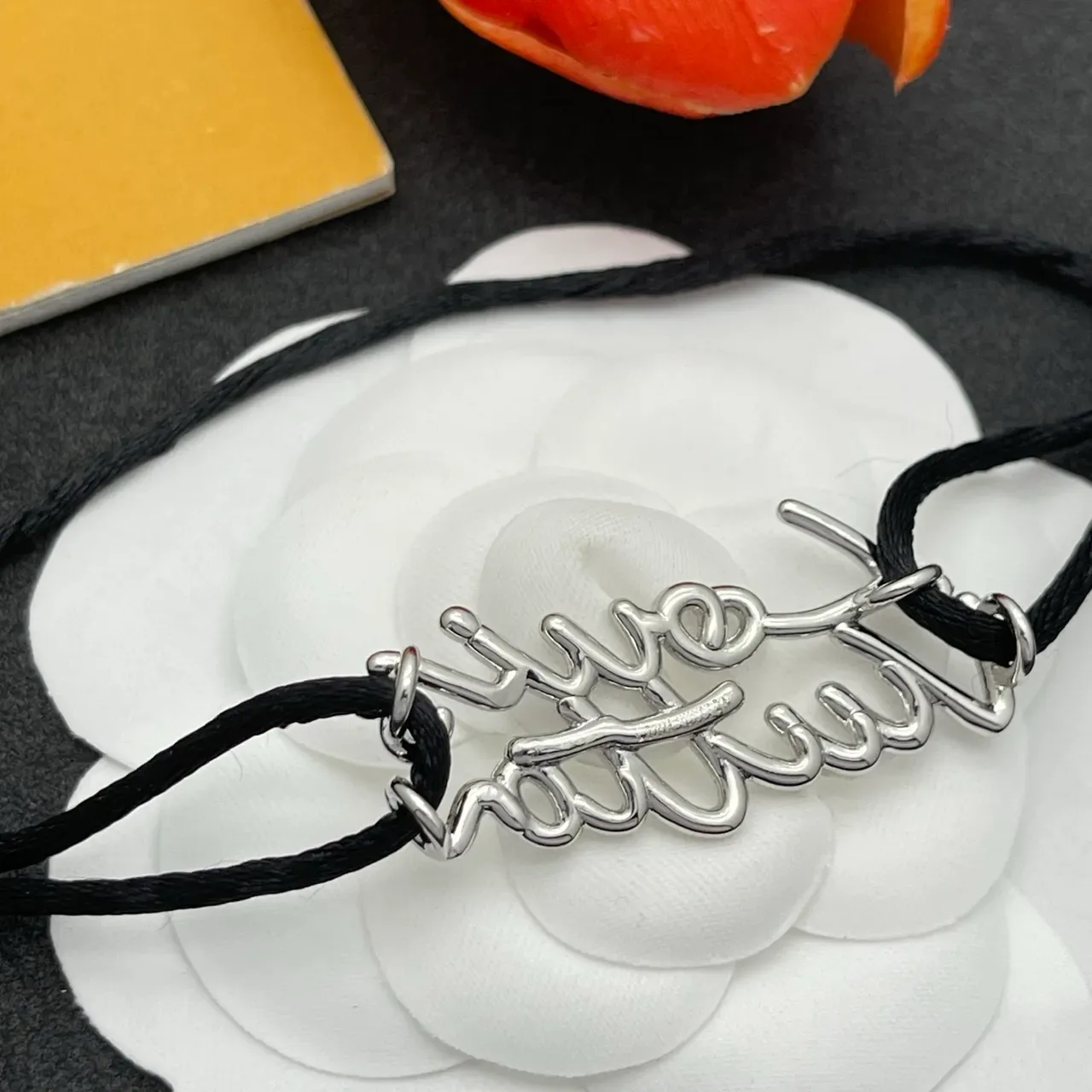 Black Silver Adjustable Cord Script-Style Metal Charm Bracelet 3
