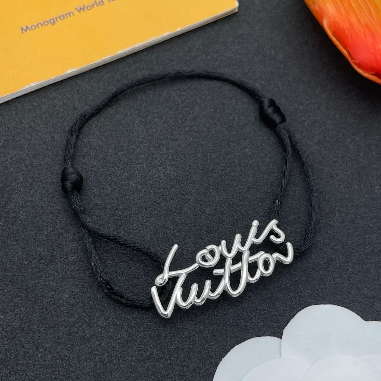Black Silver Adjustable Cord Script-Style Metal Charm Bracelet 7