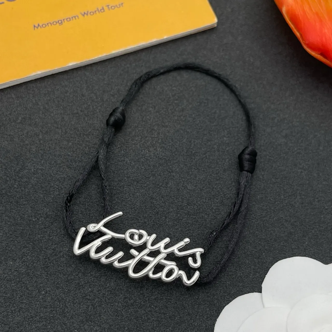 Black Silver Adjustable Cord Script-Style Metal Charm Bracelet 8