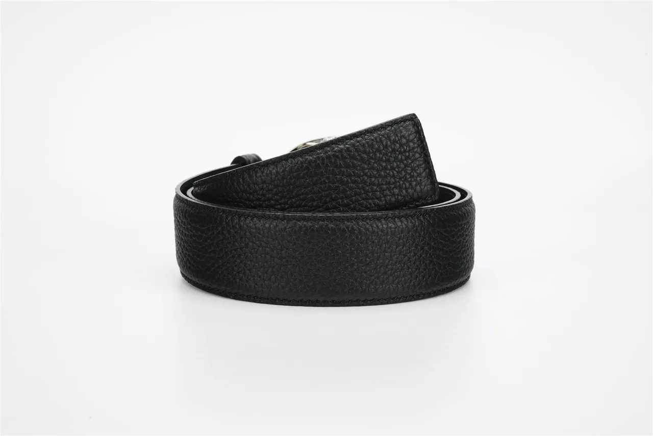 Black Silver Pebbled Oval Buckle Leather Belt 3