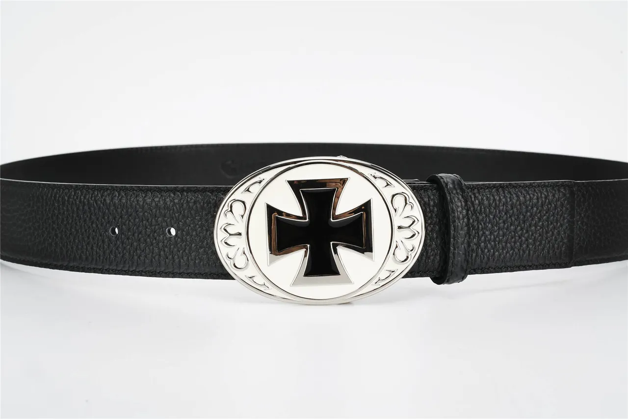 Black Silver Pebbled Oval Buckle Leather Belt 8