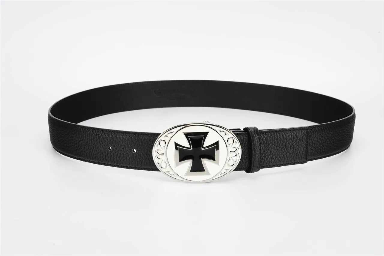 Black Silver Pebbled Oval Buckle Leather Belt 9