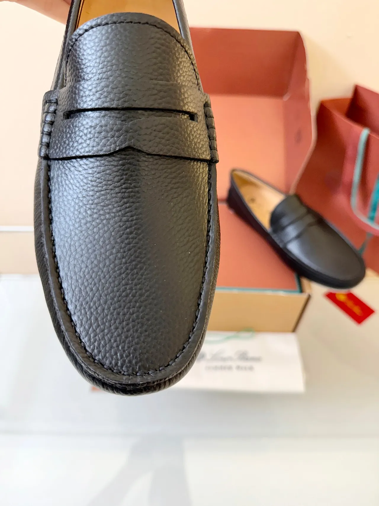 Black White Pebbled Leather Penny Strap Loafer 3