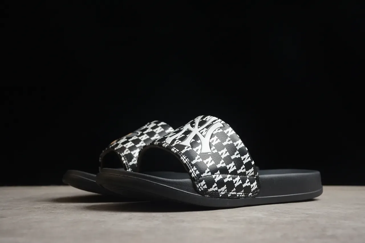Black White Rubber Sole Monogrammed Strap Slippers 13