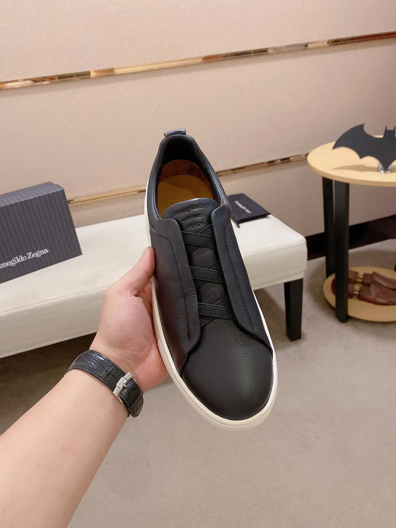 Black White Slip-On Leather Upper Lifestyle Sneakers 5