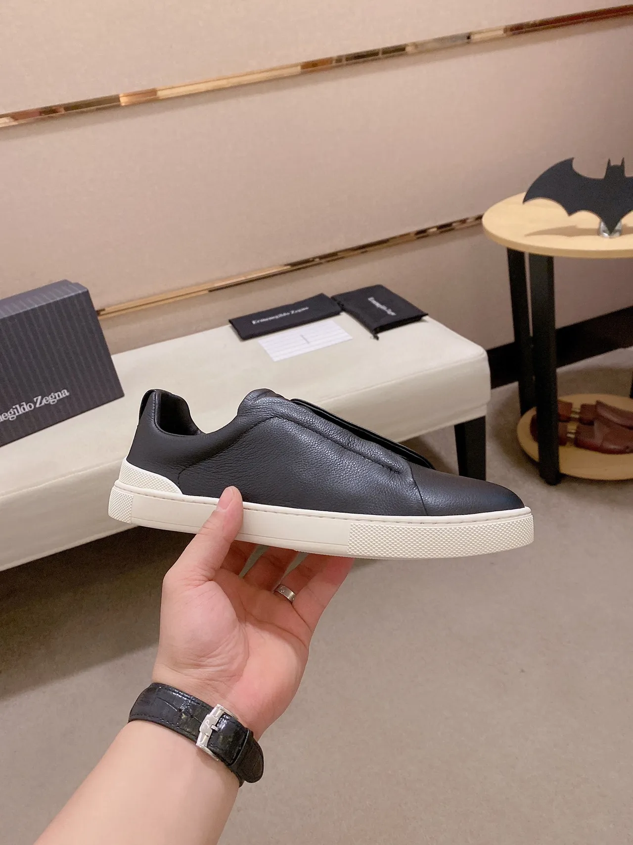 Black White Slip-On Leather Upper Lifestyle Sneakers 7