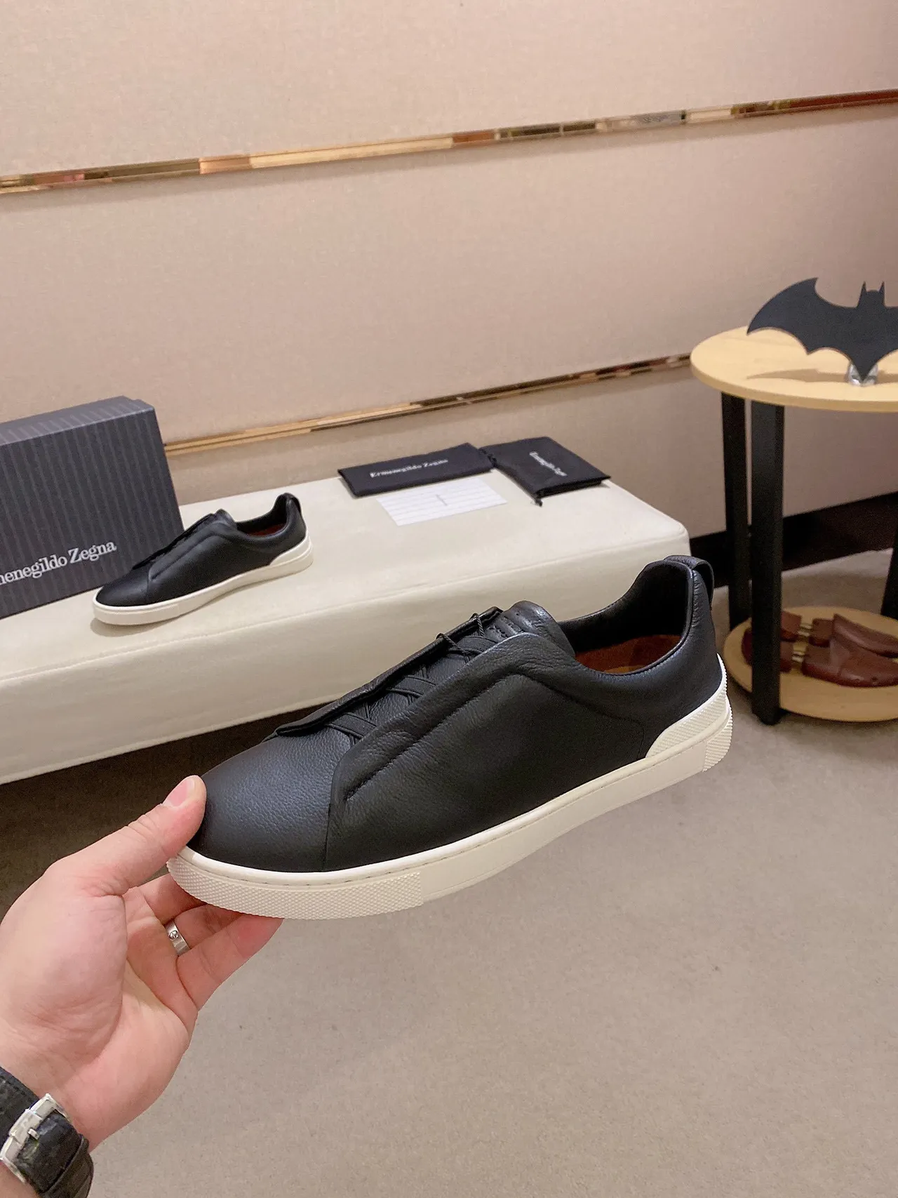 Black White Slip-On Leather Upper Lifestyle Sneakers 8