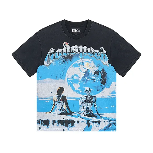 Blue Black Graphic Print Oversized Fit T-Shirt 2