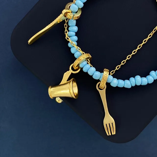 Blue Gold Beaded Charm-Adorned Bracelet 3