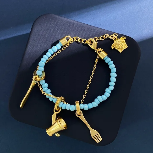 Blue Gold Beaded Charm-Adorned Bracelet 4