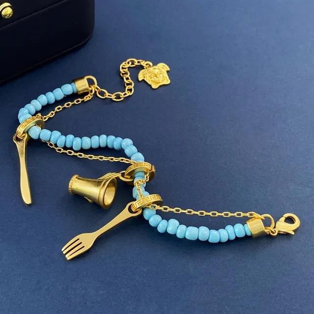 Blue Gold Beaded Charm-Adorned Bracelet 5