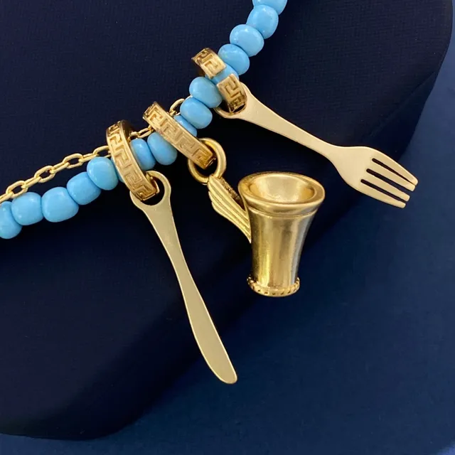 Blue Gold Beaded Charm-Adorned Bracelet 6