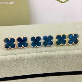 Blue Gold Four-Leaf Clover Motif Marbled Inlay Earrings