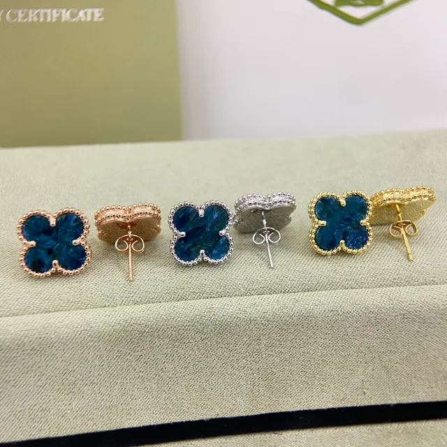Blue Gold Four-Leaf Clover Motif Marbled Inlay Earrings 2
