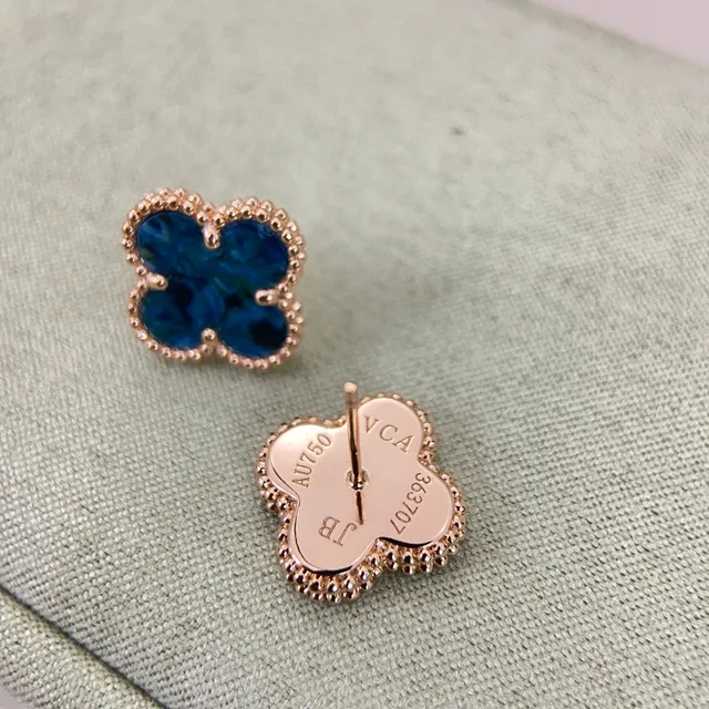 Blue Gold Four-Leaf Clover Motif Marbled Inlay Earrings 3