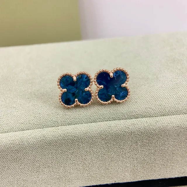 Blue Gold Four-Leaf Clover Motif Marbled Inlay Earrings 4