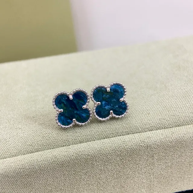 Blue Gold Four-Leaf Clover Motif Marbled Inlay Earrings 6