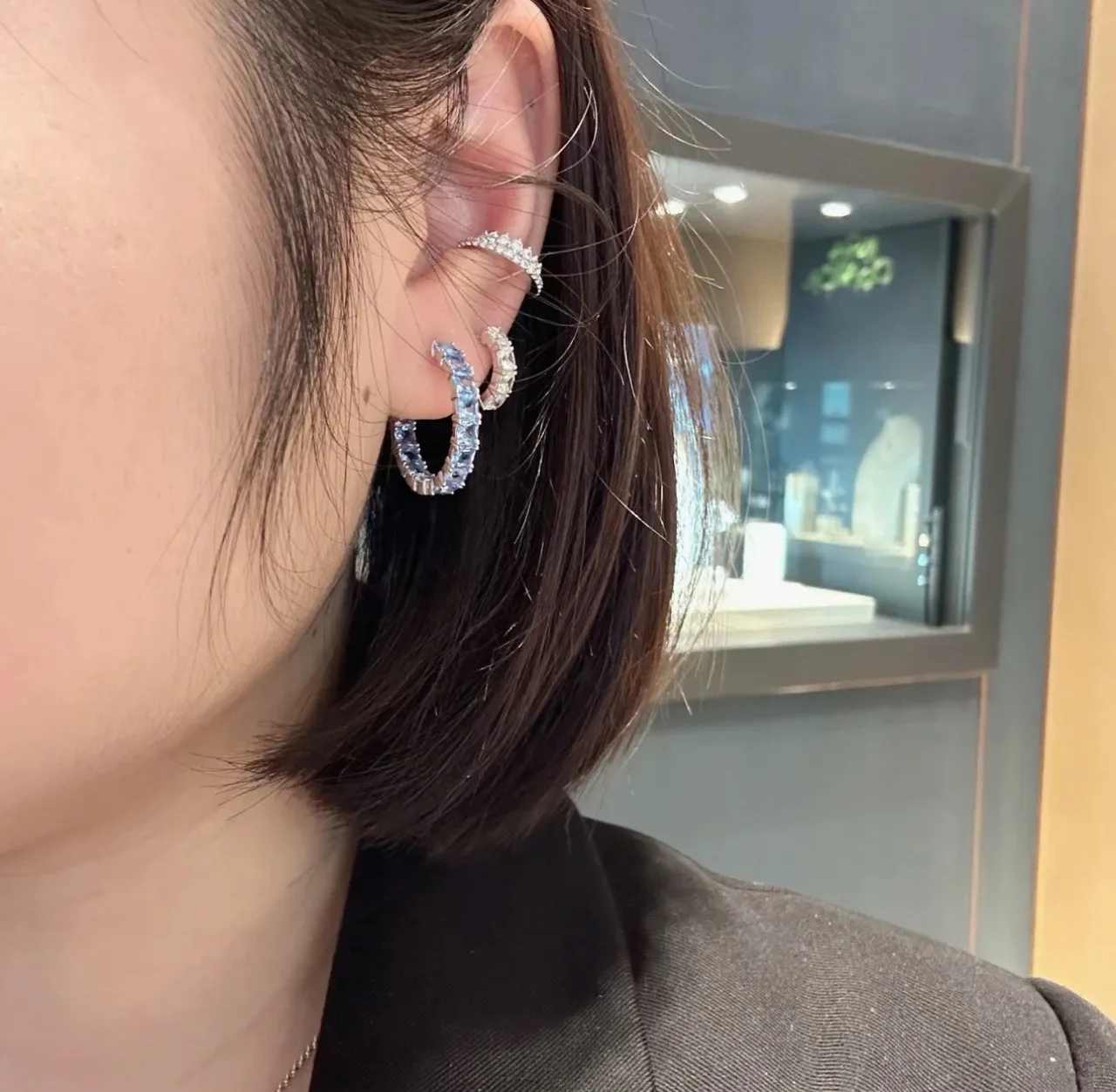 Blue Gold Hoop Faceted Stone Earrings 2