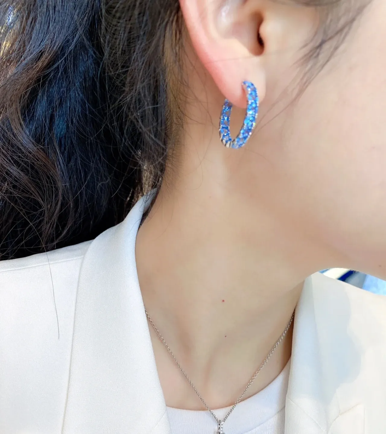 Blue Gold Hoop Faceted Stone Earrings 4