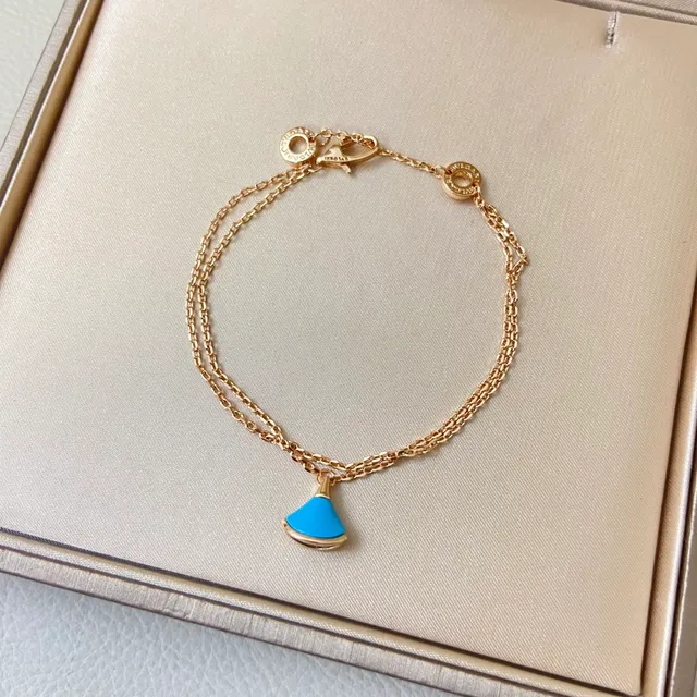 Blue Gold Thin Curb Chain Fan-Shaped Enamel Pendant Bracelet 2