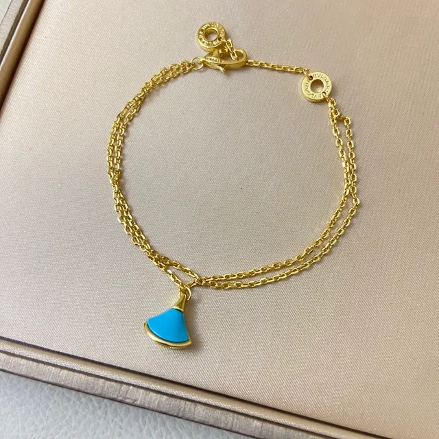 Blue Gold Thin Curb Chain Fan-Shaped Enamel Pendant Bracelet 3