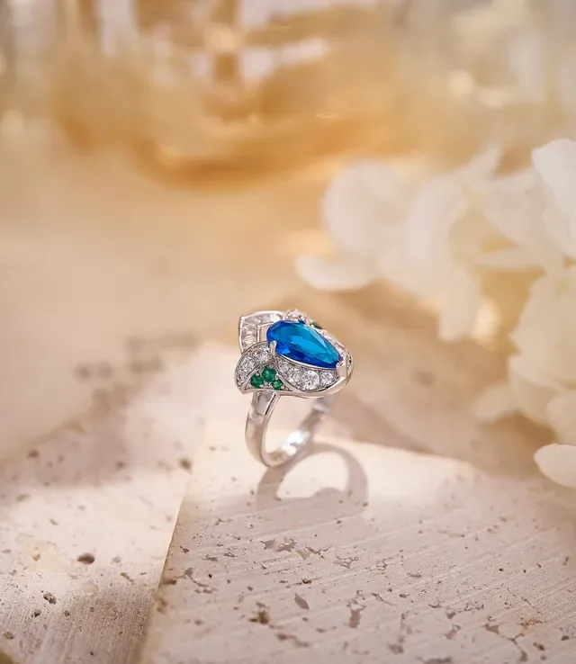 Blue Green Pear-Cut Central Stone Pavé Diamond Halo Ring 6