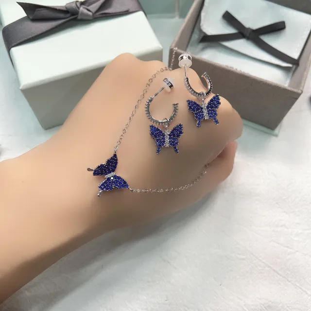 Blue Silver Butterfly Pendant Pavé-Set Stones Necklace 2