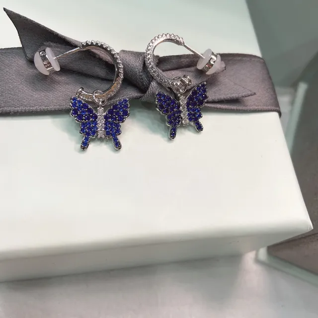 Blue Silver Butterfly Pendant Pavé-Set Stones Necklace 4