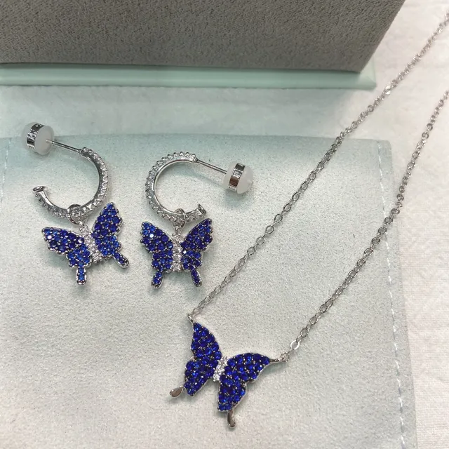 Blue Silver Butterfly Pendant Pavé-Set Stones Necklace 5