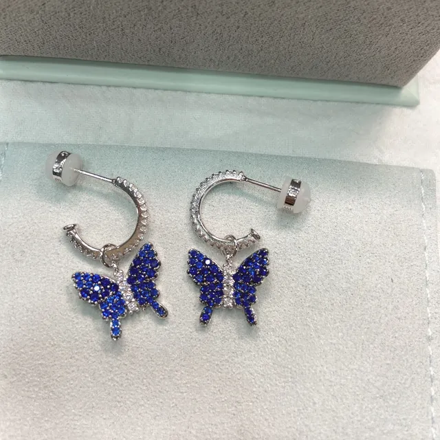Blue Silver Butterfly Pendant Pavé-Set Stones Necklace 6