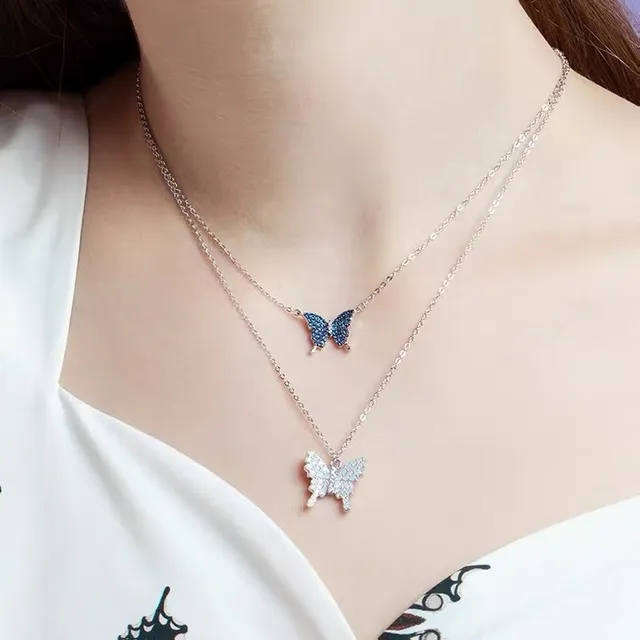 Blue Silver Butterfly Pendant Pavé-Set Stones Necklace 8