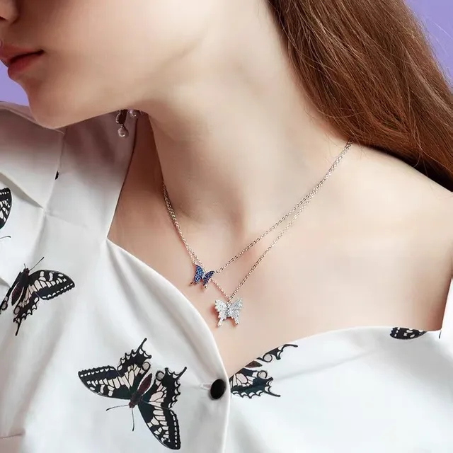 Blue Silver Butterfly Pendant Pavé-Set Stones Necklace 9