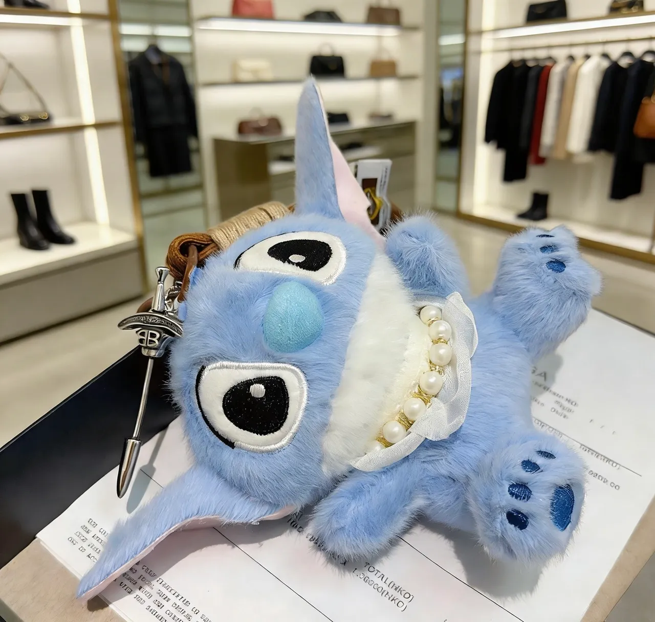 Blue White Plush Stuffed Character Pearl Necklace Detail Handbag 5