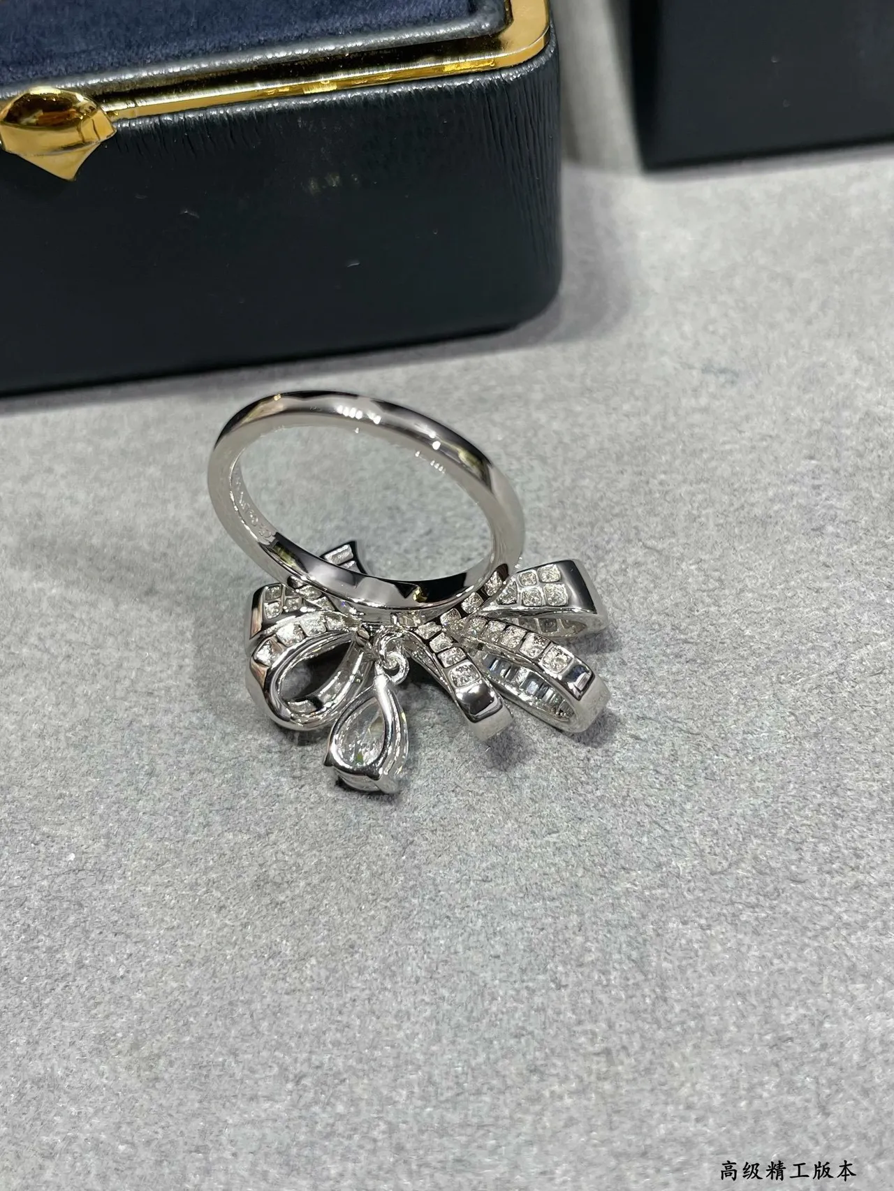 Bow Motif Pavé-Set Teardrop Pendant Ring 9